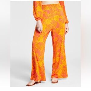 NWT BAR III Women’s Jungle Shapes Printed High-Rise Wide-Leg Pants 2X OrangePink